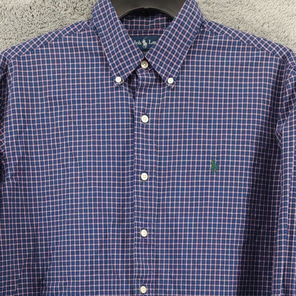 Polo Ralph Lauren Shirt Mens XL Navy Check Custom Fit Long Sleeve Pony Logo